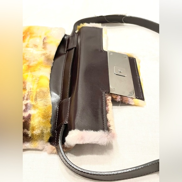 FENDI NWT RARE Fur Vintage Leather Multicolor Silver Yellow Small Baguette Purse - Picture 9 of 15